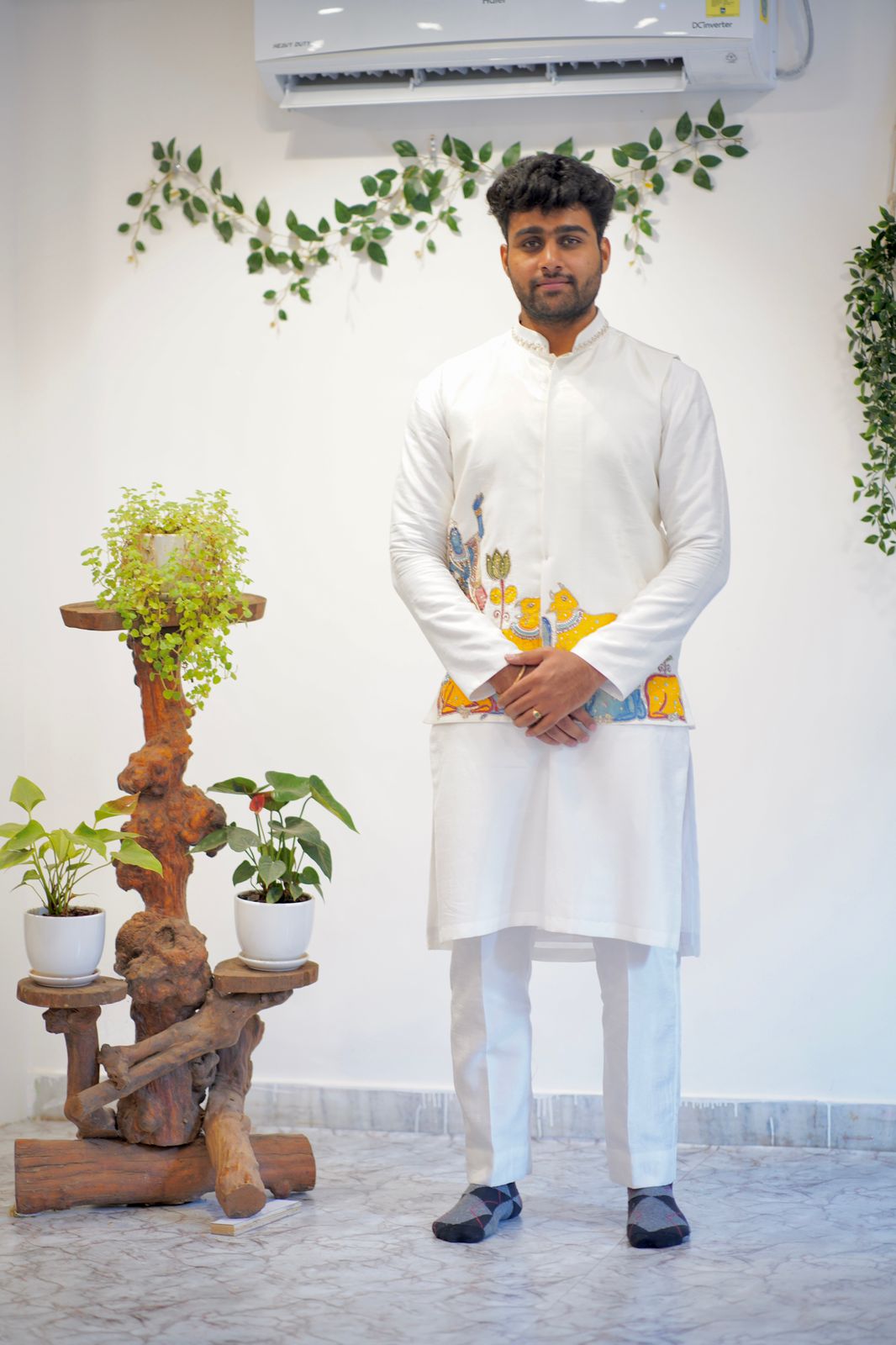 Krishna and Cows Applique Kurta Set with Overcoat Kurta Set