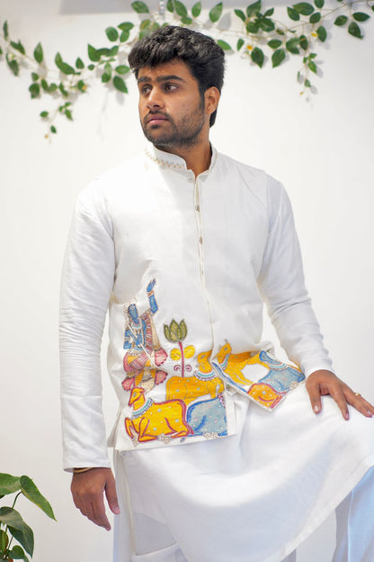 Krishna and Cows Applique Kurta Set with Overcoat Kurta Set