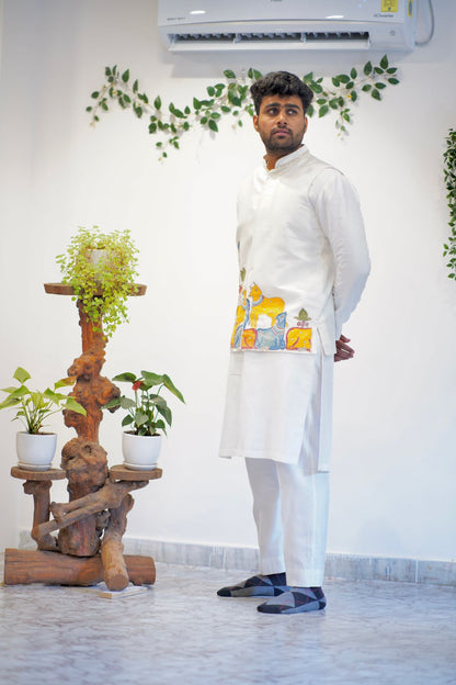 Pen kalamkari krishna and cows applique kurta with overcoat