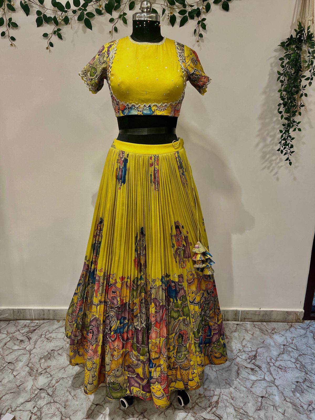 Krishna and Cows Yellow Lehenga