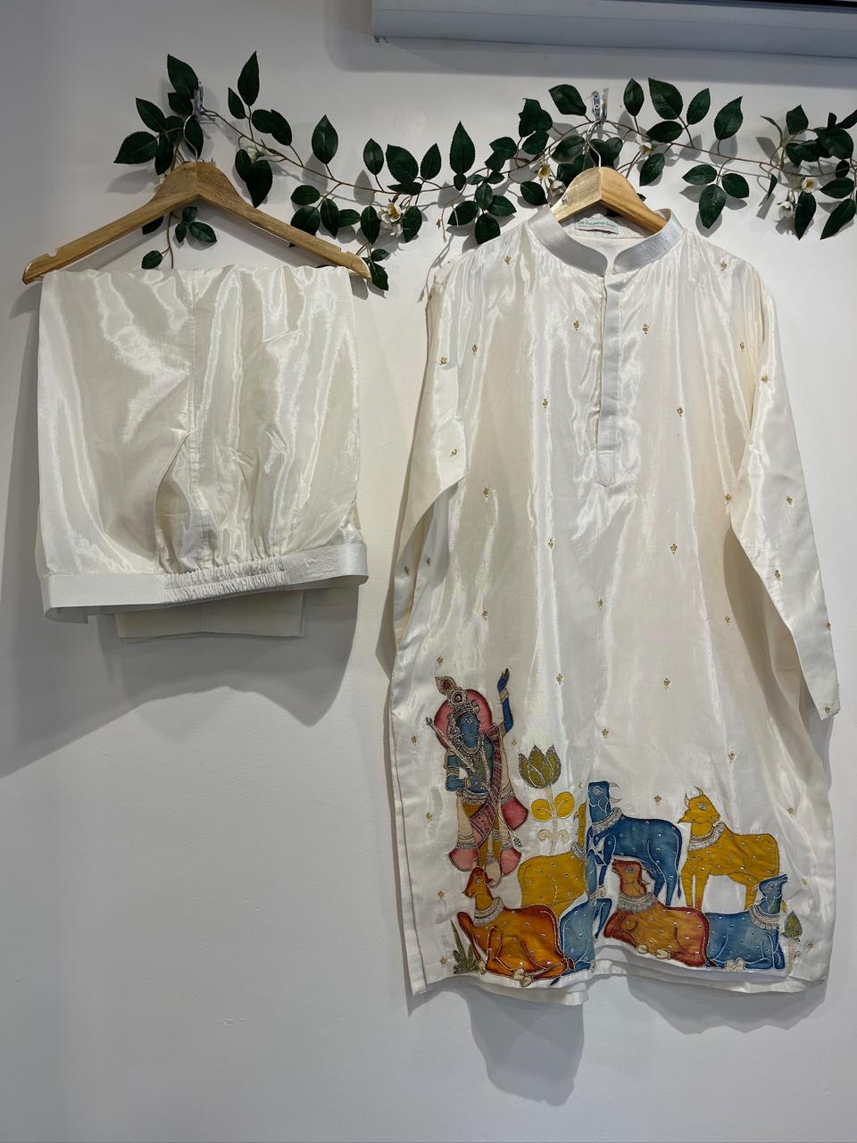 Krishna and Cows Applique Kurta Set with Overcoat Kurta Set