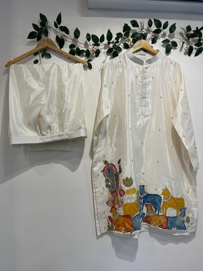 Krishna and Cows Applique Kurta Set with Overcoat Kurta Set