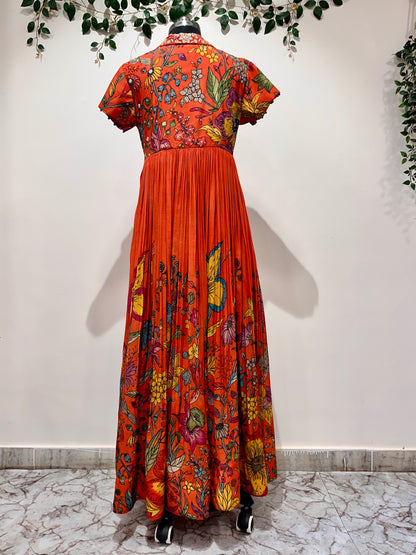 Orange Collar Neck Floral Frock Long Frock