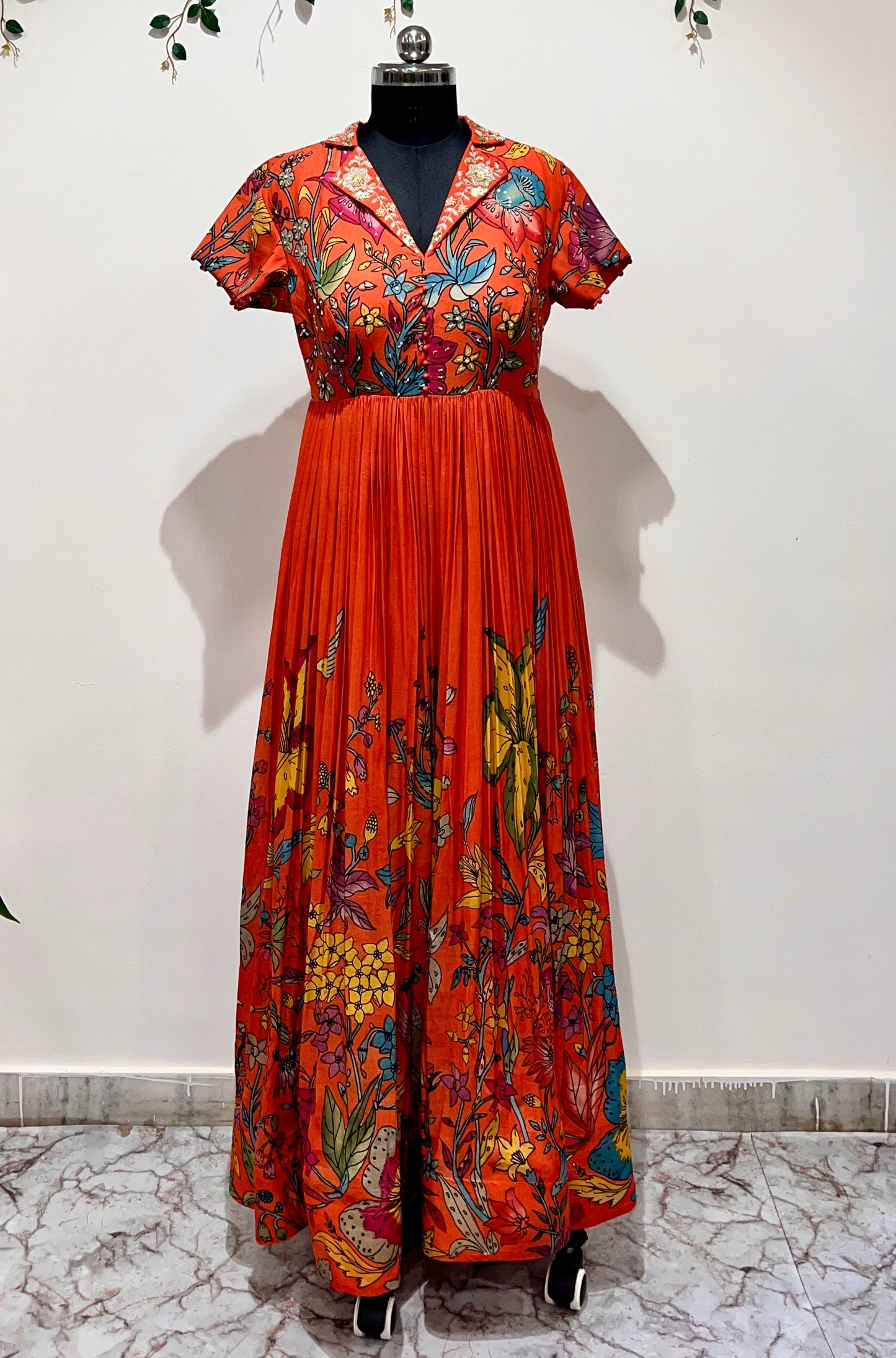 Orange Collar Neck Floral Frock Long Frock