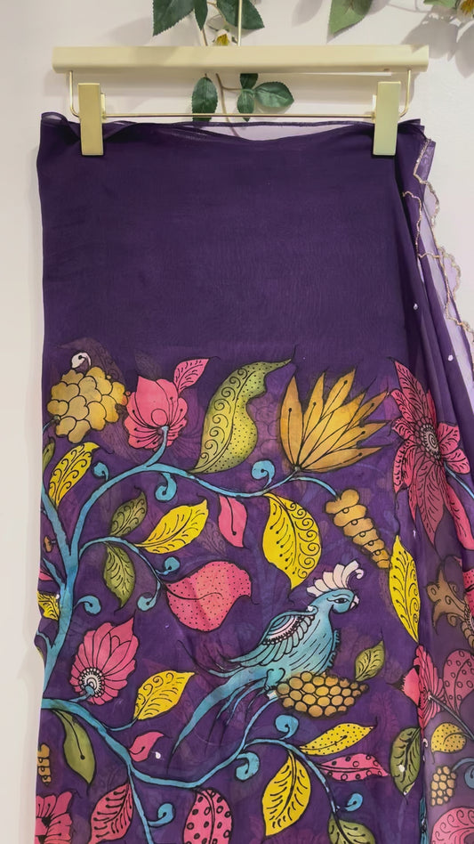 Purple Organza Saree with Kalamkari & Mirror Work Blouse