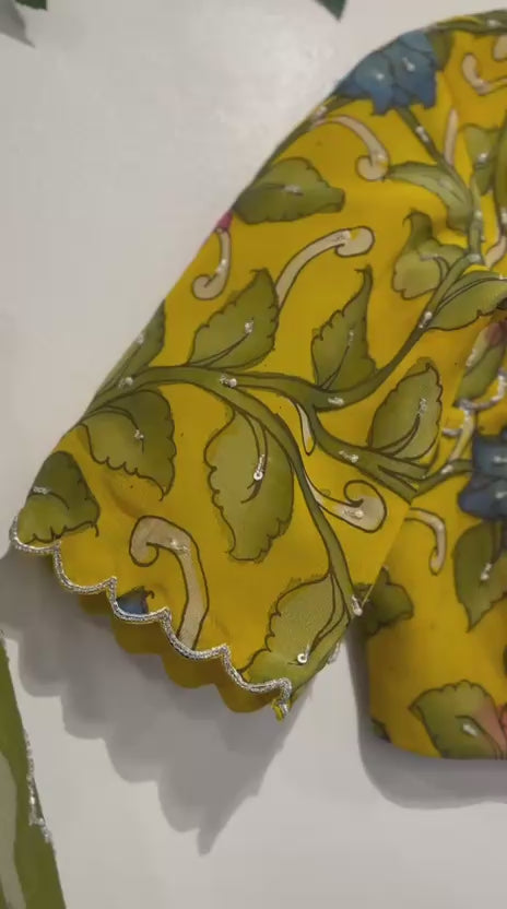 Green & Yellow Pen Kalamkari Organza Saree