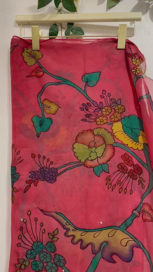 Peach & Green Kalamkari Organza Saree