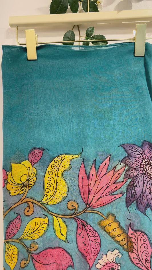 Blue Organza Saree with Pen Kalamkari Animal Design & Mirror Work Blouse
