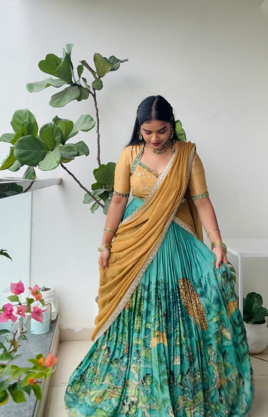 Sea Green Krishna Concept Lehenga