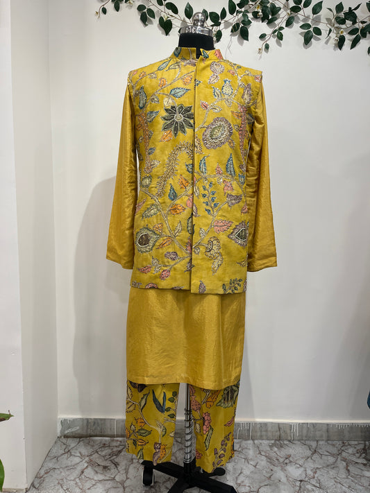 Yellow Kurta with Maggam Highlighted Overcoat